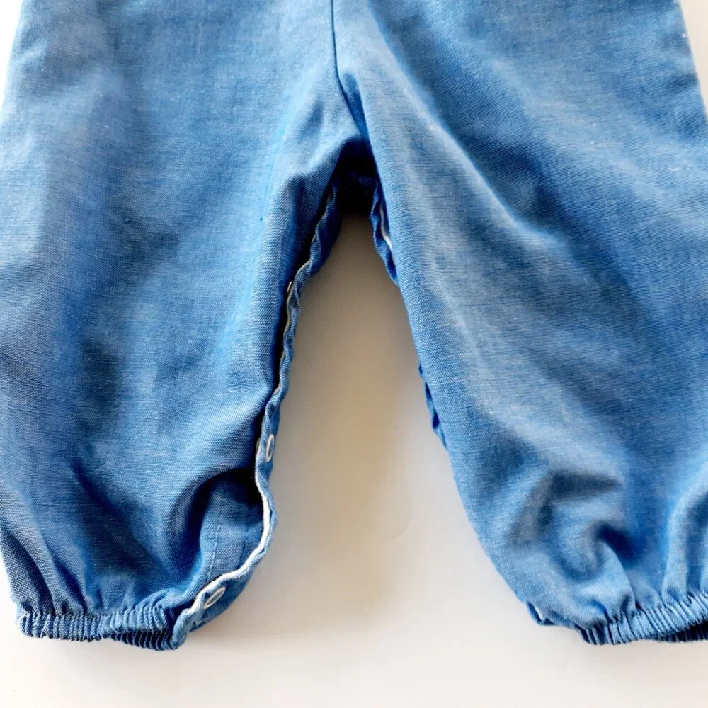 Vintage Girls Romper Overall Chambray Ruffle Maggie Mackall Blue Small 6 Months